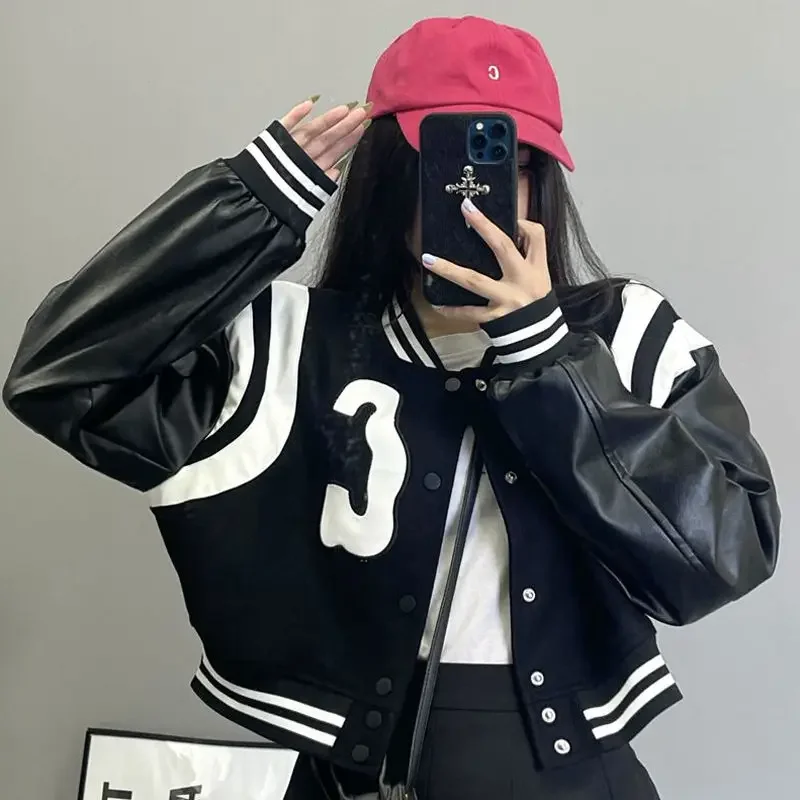 

Gothic Cropped Baseball Jackets Women Black Fashion Streetwear Vintage Aesthetic Bomber Jacket Autumn 2022 Trend Coat
