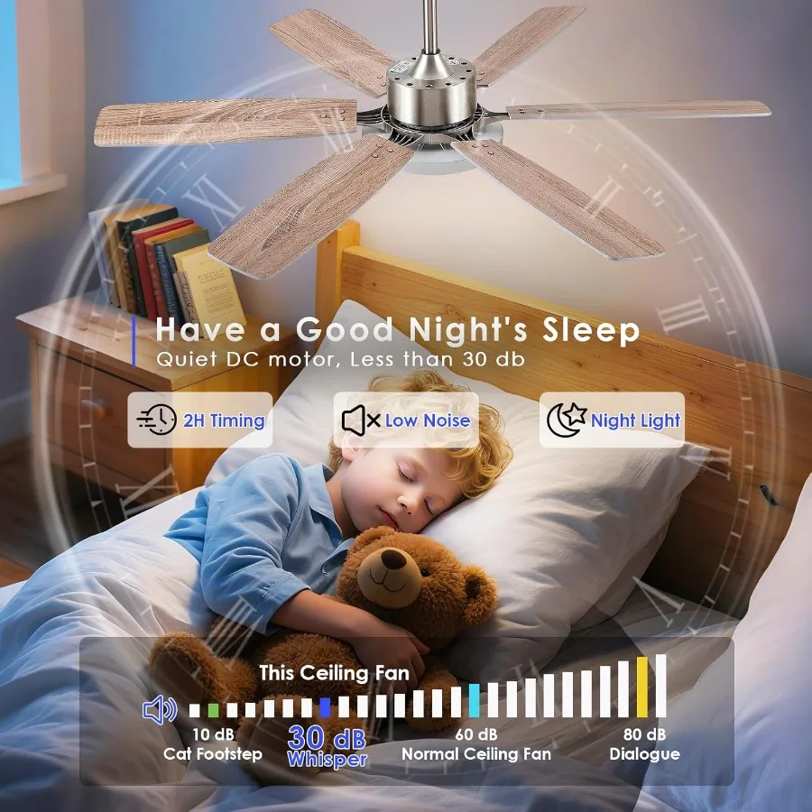 مروحة سقف حديثة مقاس 52 بوصة مع جهاز تحكم عن بعد مدمج وجهاز تحكم في التطبيق لغرفة النوم وغرفة المعيشة، تصميم مثبت على السطح يتميز بتيار مستمر R #6