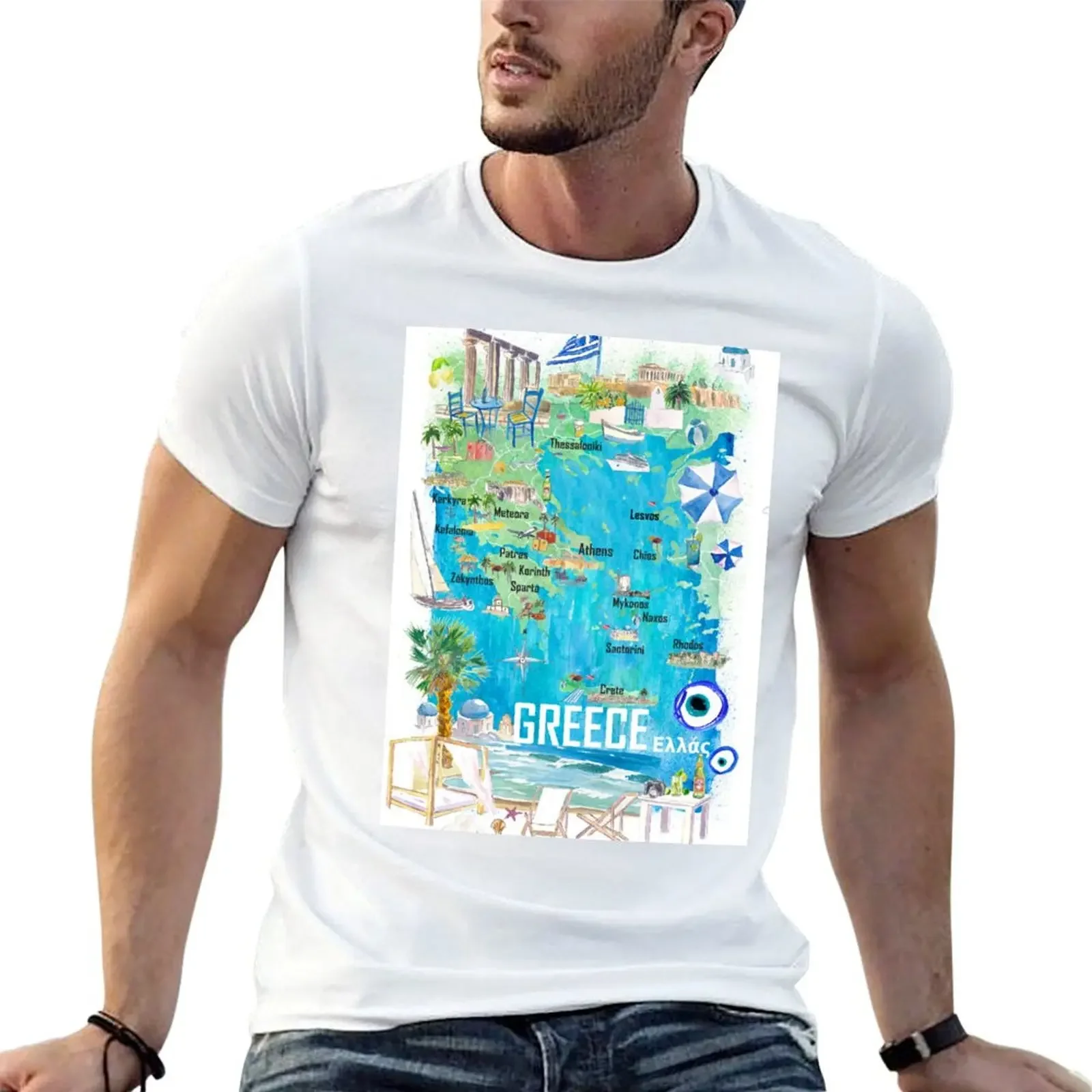 Camiseta con mapa de viajes ilustrado de Grecia en el Egeo Mediterráneo, mares Adriáticos con caminos y reflejos turísticos