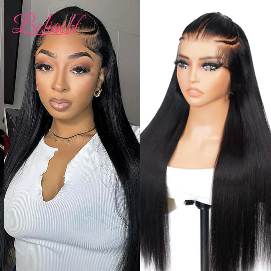 Beliself Pre Braided Straight Human Hair 13x6 HD Lace Frontal Wig Pre Cut HD Lace Wig Ready to Go 250 Density Human Hair Wigs