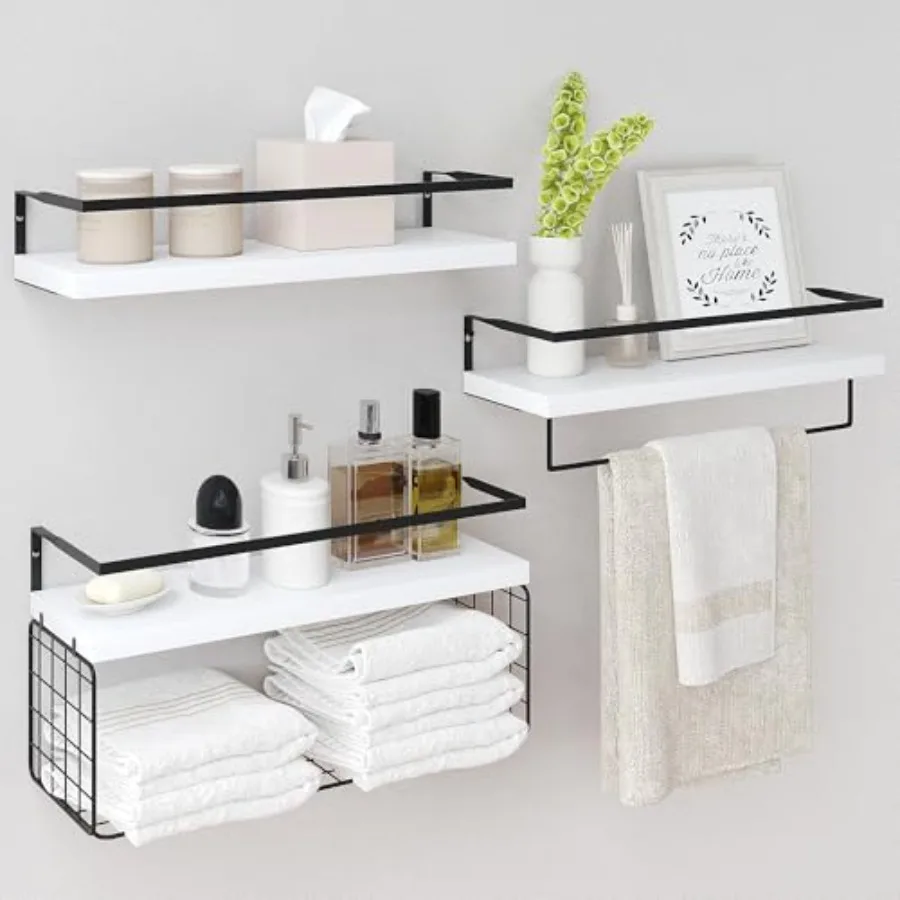 

Настенная полка из белого дерева — 3+1 ярусная, в деревенском стиле, для ванной комнаты над унитазом, с проволочной корзиной для хранения и полотенцедержателем, 3 секции