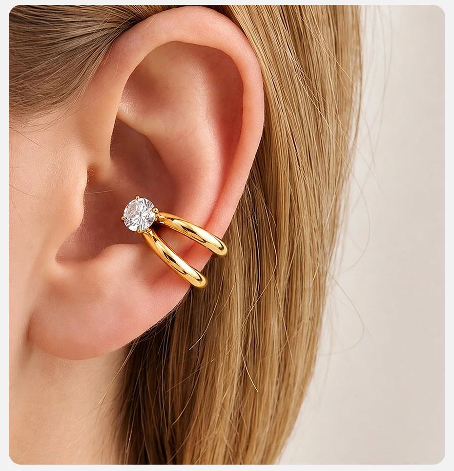 Vnox 18K Gold PVD-beschichteter AAA Zirkon Doppelschicht-Clip-Ohrring für Damen, Edelstahl, glänzende Kristall-Ohrringe, Partyschmuck – Detail 3