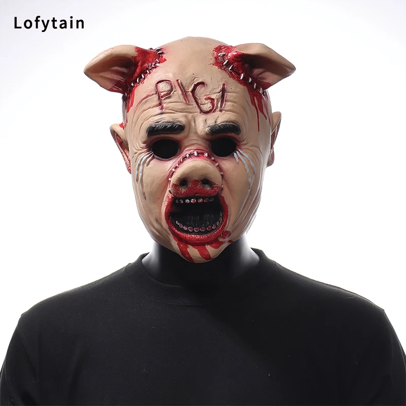 Lofytain Horror Saw Cry Pig Head Mask Cosplay Bloody Demon Killer Animal Helmet Halloween Carnival Night Club Party Props