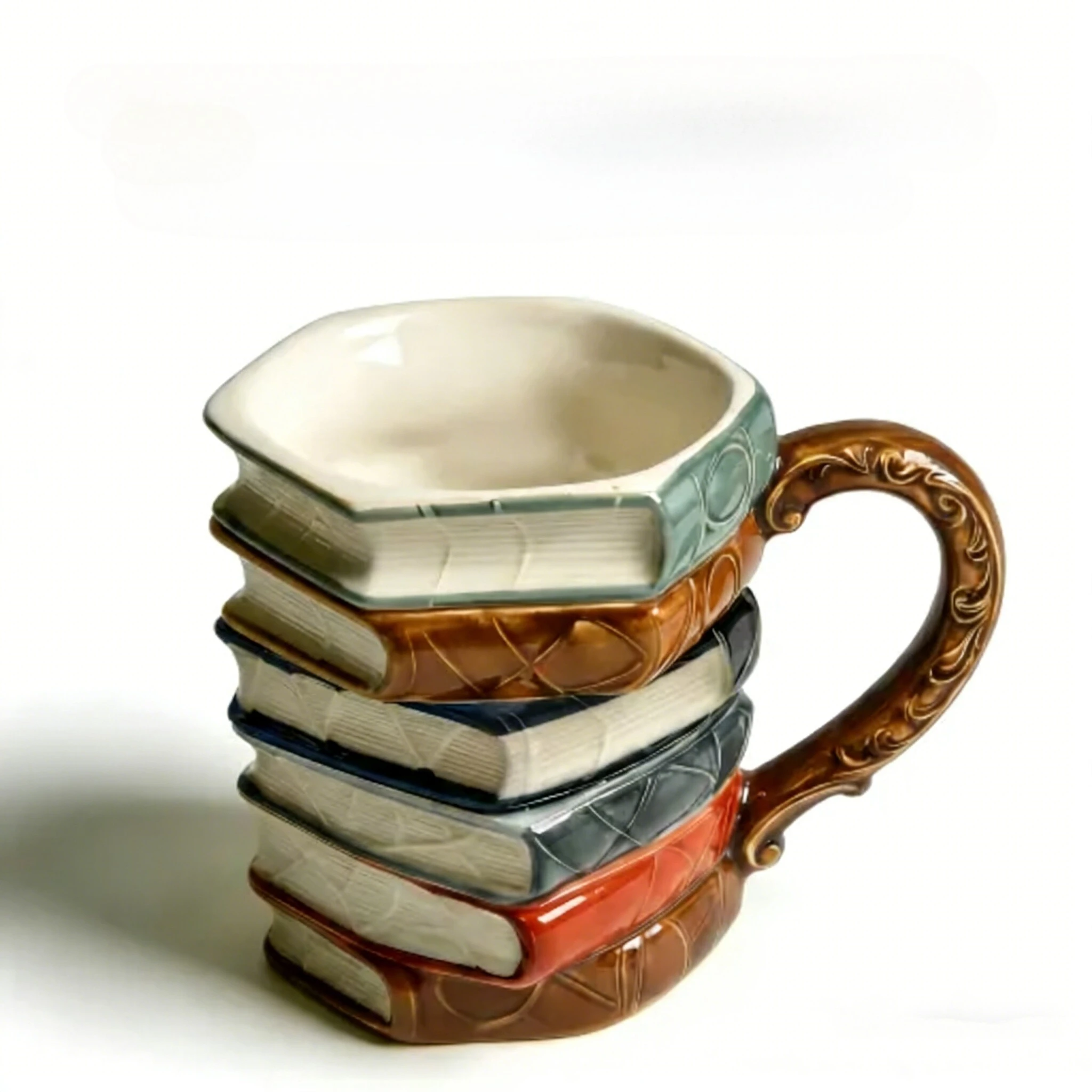 Ceramic Book Shapeed Mug Painted 3D Painted Book Stack Coffee Mug, Hand Painted Ceramic Cup with Ornate Handle, Book Lover Gift