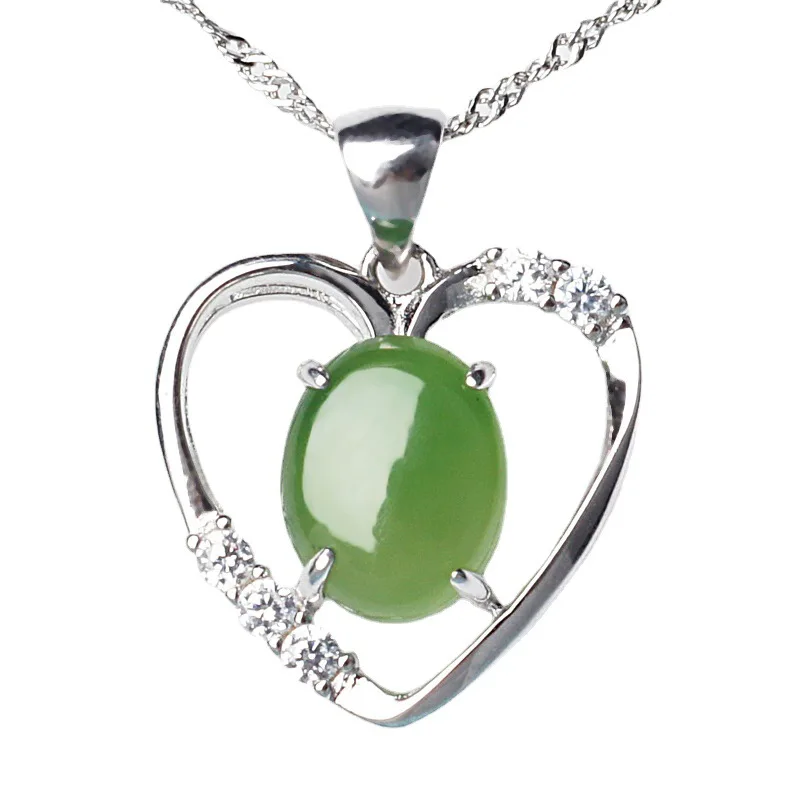 925 Silver Heart-Shaped Jadeite Pendant, Green , Hollow-Out Hetian Jade Necklace Women