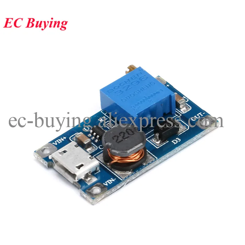 5/1pcs DC-DC Adjustable Boost Module 2A Boost Plate Step Up Power Module with MICRO USB 2V-24V to 5V 9V 12V 28V MT3608 Converter