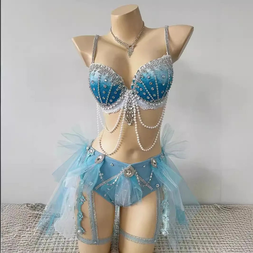 

Blue Beads Bikini Bra Bottom set Nightclub DJ Gogo Dancer Costume Rave Outfit Pole Dance Stage Performance Mermaid Cosplay Anime