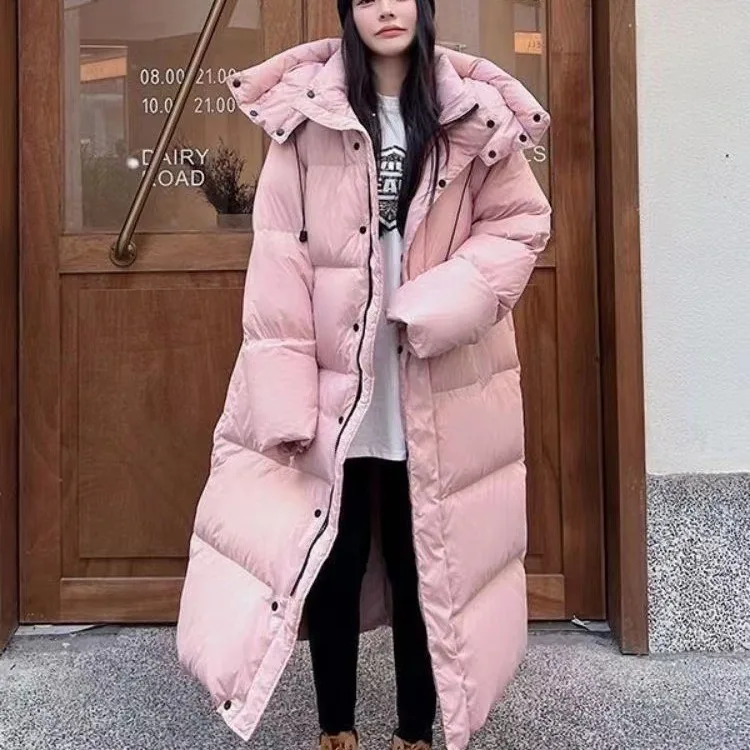 Parka rosa longa com capuz feminino, parka à prova de vento, sobretudo casual, neve grossa, algodão acolchoado, quente, inverno, novo