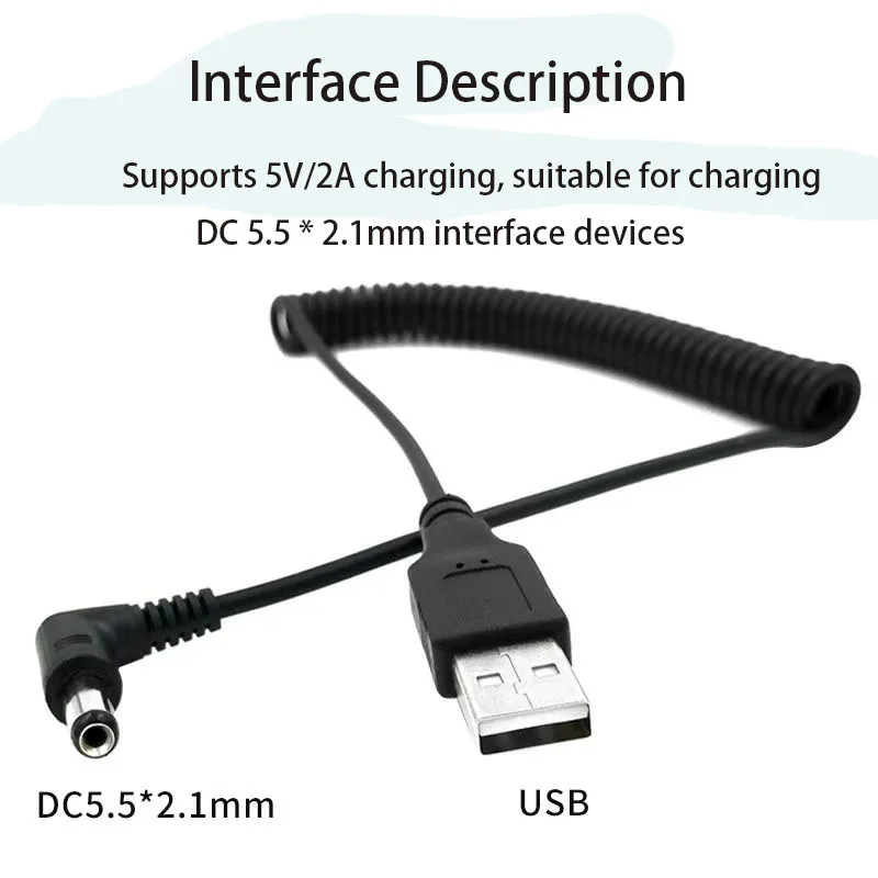 1.5m Spring Retractable USB 2.0 Rotation DC 5.5x2.1mm 5.5x2.5mm 3.5x1.35mm 4.0x1.7mm Elbow 5V2A Current Power Extension Cable