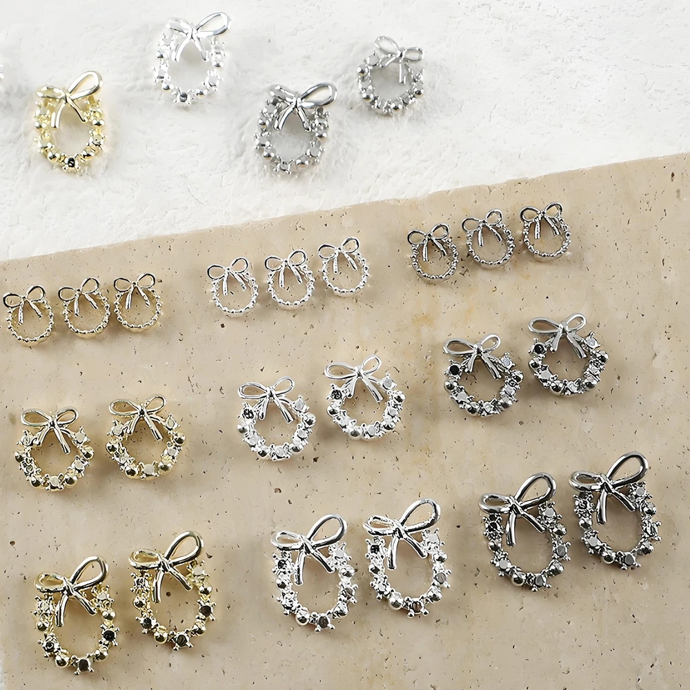 20PCS 3D Metal Nail Art Bow Wreath Frame Charms Garland Accessories For Christmas Nails Decoration Design Manicure Supplies Tool