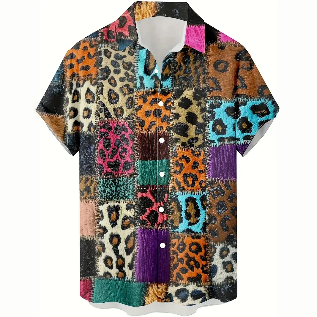 

Hawaiian Men's Shirt Summer Casual Lapel Short Sleeve Top Colorblock Leopard Print Shirt Outdoor Oversized Clothing