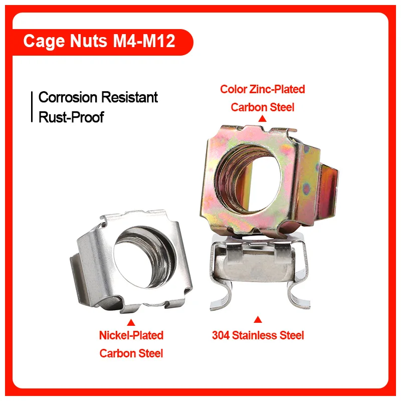304 Stainless Steel Cage Nuts Nickel Plated Zinc Plated Floating Cabinet Rack Nuts M4-M12 Server Cabinet Hardware Fastener