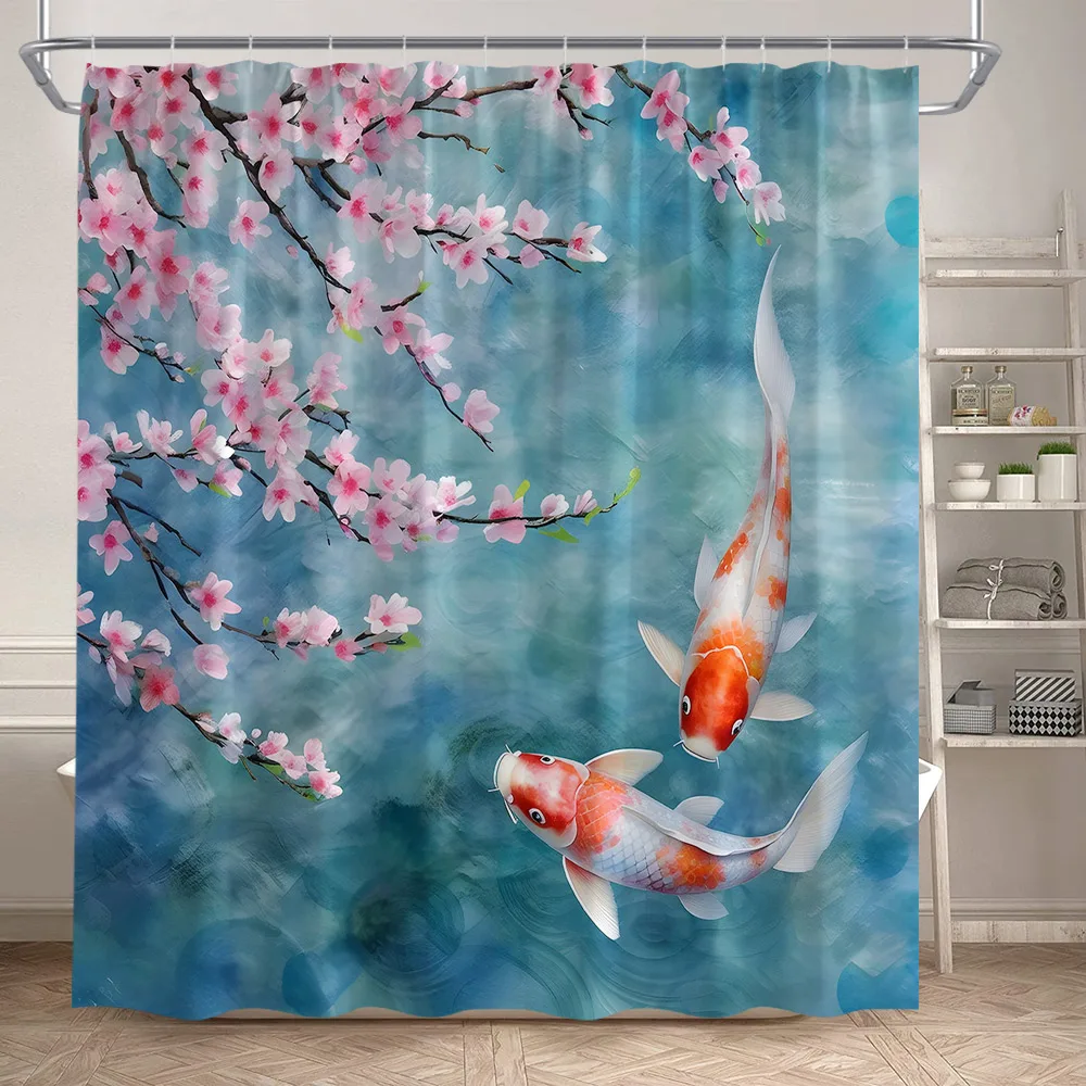 Floral Koi Carp Shower Curtains Fish White Lotus Green Leaves Plant Japanese Style Art Modern Polyester Bathroom Curtain Decor