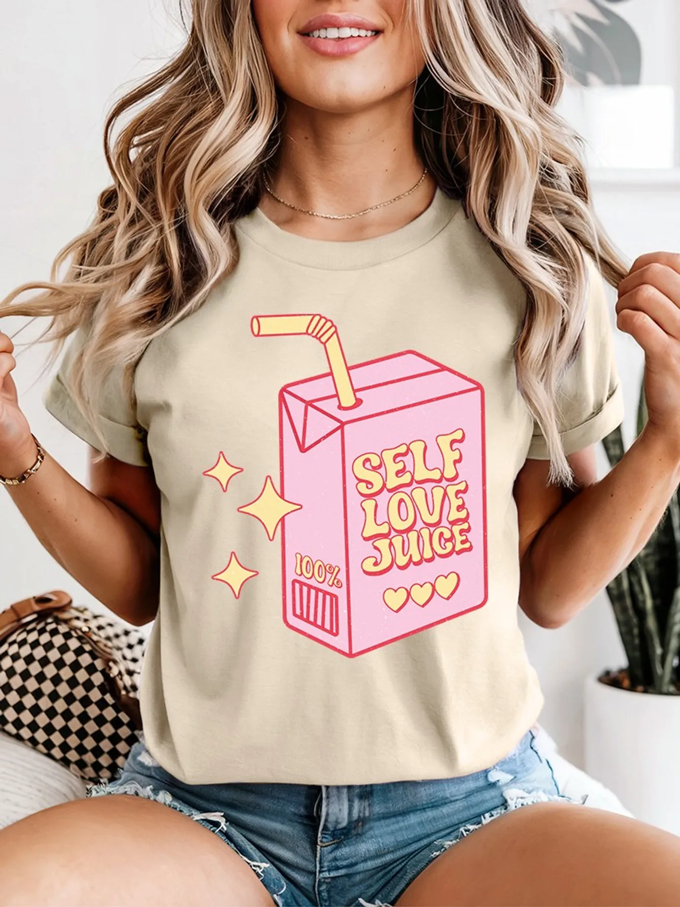 Cute Self Love Juice Box Heart Star Positive Slogan Art Print Graphic Ladies T Shirt Short Sleeve Crew Neck Casual Tee Tops