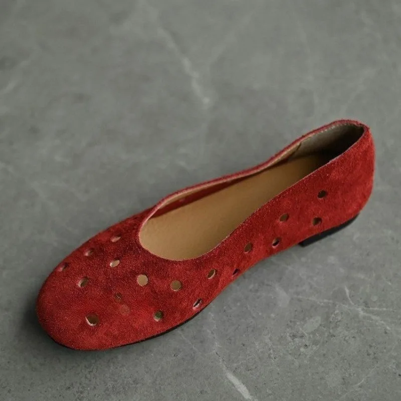 

Lamb Leather Hollow out round Toe Women's Slip-On Shoes Increased Height Fashionable Korean Style Flat Bottom Sandals