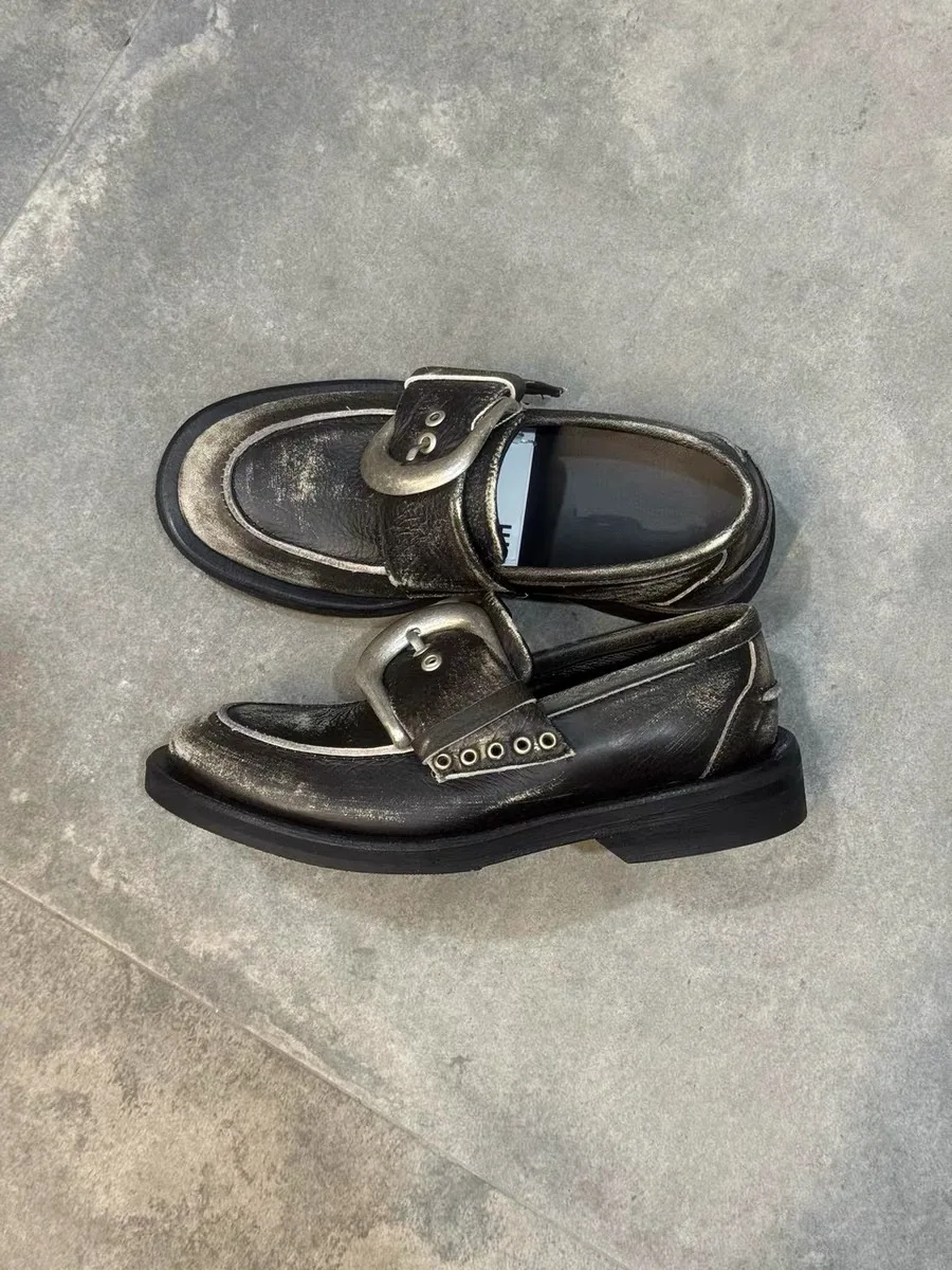 Unisex Black Distressed Loafers Metal Buckles Slip On Round Toe Thick Sole Vintage Casual Street Style Shoes Punk Style Loafers