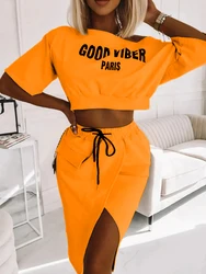 LW Skirt Sets One Shoulder Letter Print High Split Skirt Set women clothing Two Piece Sets crop top + midi skirt Sets Outfit