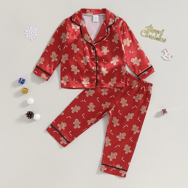 Toddler Baby 2Pcs Pajamas Set Christmas Long Sleeve Gingerbread Man Print Button Up Shirt and Pants Set Sleepwear