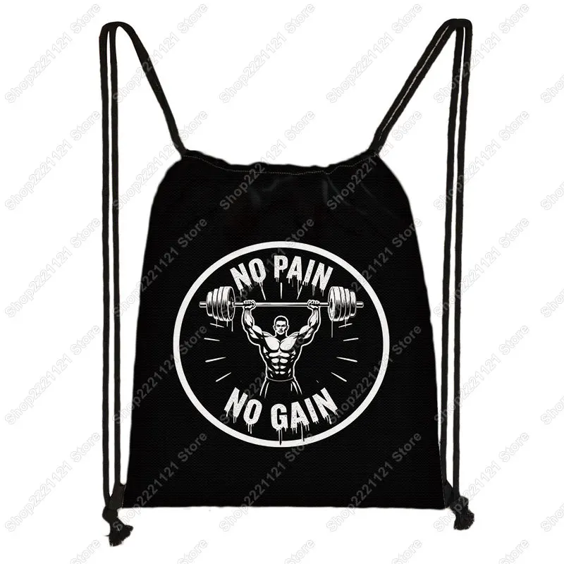 No Pain No Gain Printed Backpack Women Men Drawstring Bags Outdoor Gym Fitness Storage Bags for Travel Daypack Shoes Holder