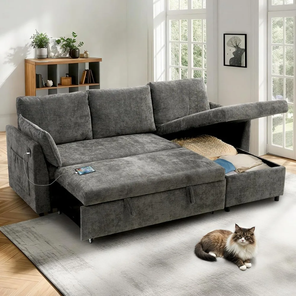 

78 Pull Out Couch Bed with Storage Chaise, 2-in-1 Convertible Sofa Bed with USB Charging Ports, 3-Seater Sectional