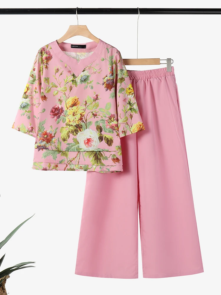 ZANZEA 2 STUKS Zomer Broek Past Vrouwen Gedrukt Bijpassende Sets 3/4 Mouw Bloemen Blouse Wijde Pijpen Broek Sets Casual losse Outfits