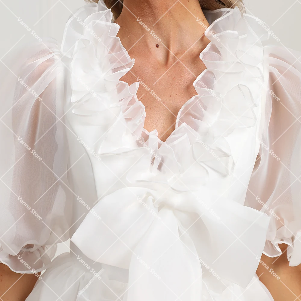 Mini organza inchado vestido v pescoço babados meia lanterna mangas vestidos de noiva arco anjo pricess acima do joelho fotos reais vestido de casamento