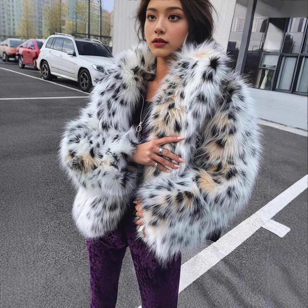Chic Winter Women Mink Fur Jacket Leopard Print Furry Collar Artificial Fur Outwear For Lady Slouchy Long Hair Female Fur Coat