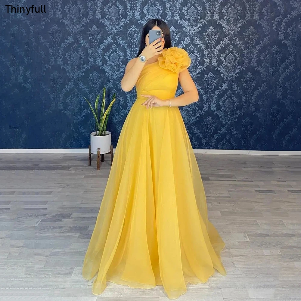 

Thinyfull A-line Saudi Arabia Prom Dresses One-Shoulder Evening Party Gowns Sleeveless Long Bridesmaid Formal Occasion Dress