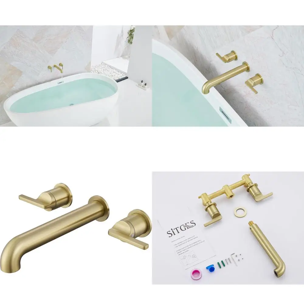 

10 Long Spout Wall-Mounted Bathtub Faucet with Two Lever Handles, High-End Brushed Gold Finish, Includes Rough-In