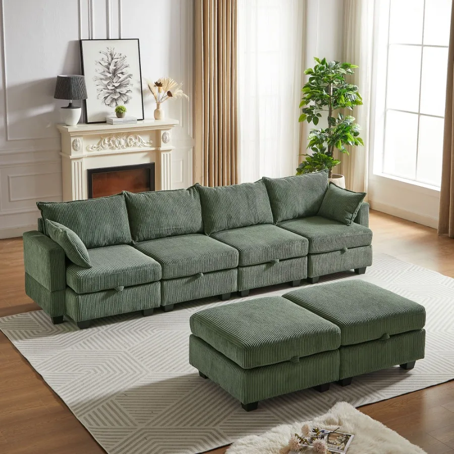 

113.5'' Modular Sectiona Corduroy Sofa Sectional Couches for Living Room U Shaped Sectional Couch with Storage man 6 Seats Conv
