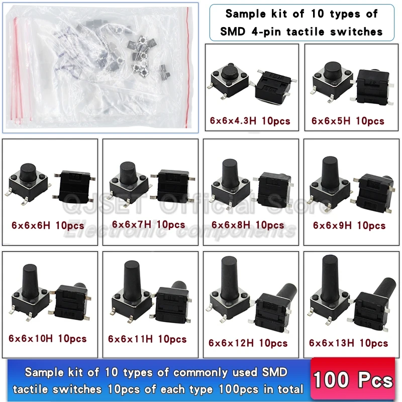 70/100 stücke 6*6 Schalter Taktile Druckschalter Kit Höhe: 4,3 5-13 MM DIP 4pin SMD Micro Schalter 6x6 Druckschalter Für Arduino – Detail 5