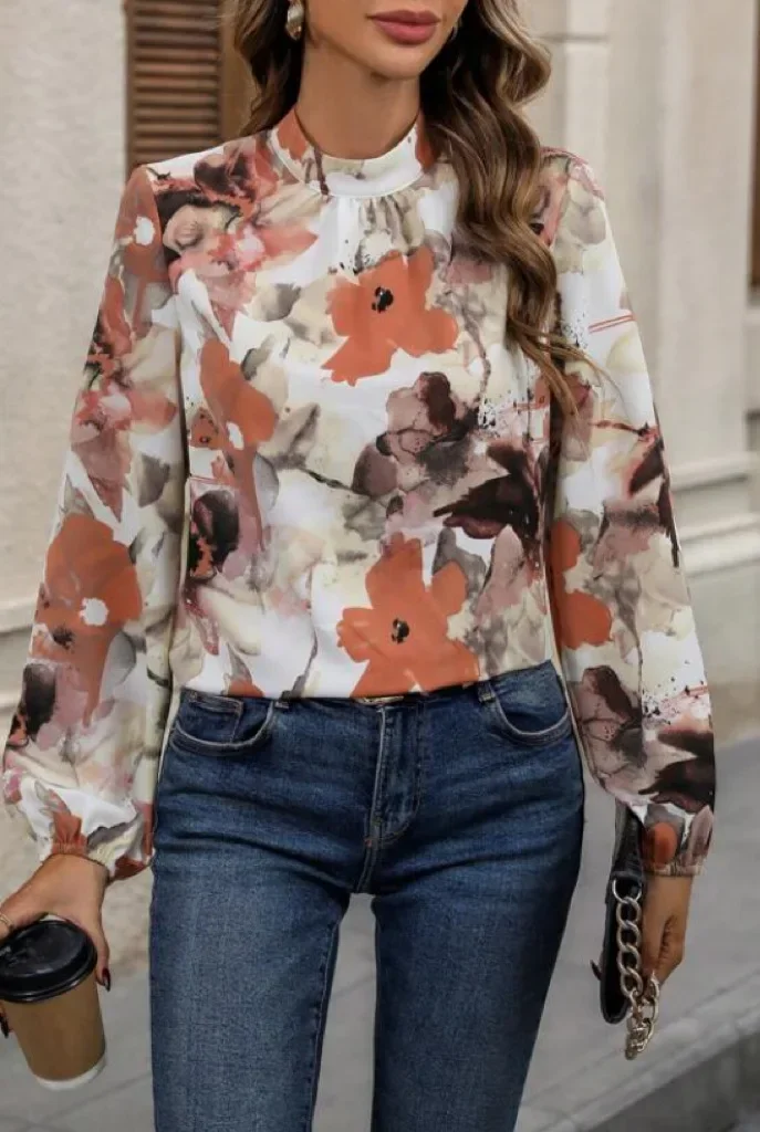 Women's printed top, new round neck large flower shirt