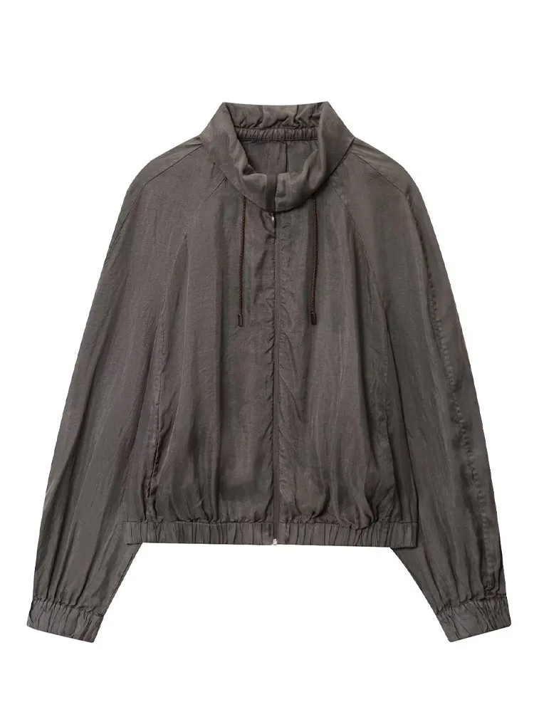 

HH Women's Autumn Fashion Series Standing Collar Drooping Bomber Jacket Female Temperament Zipper Pocket Casual Jacket Mujer