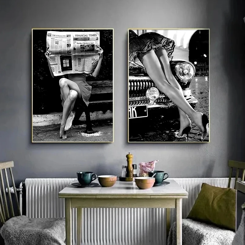 Vintage Black and White Sexy Woman Drinking Smoking Poster Photography HD Picture Canvas Paintings for Living Room Home Decor view 3