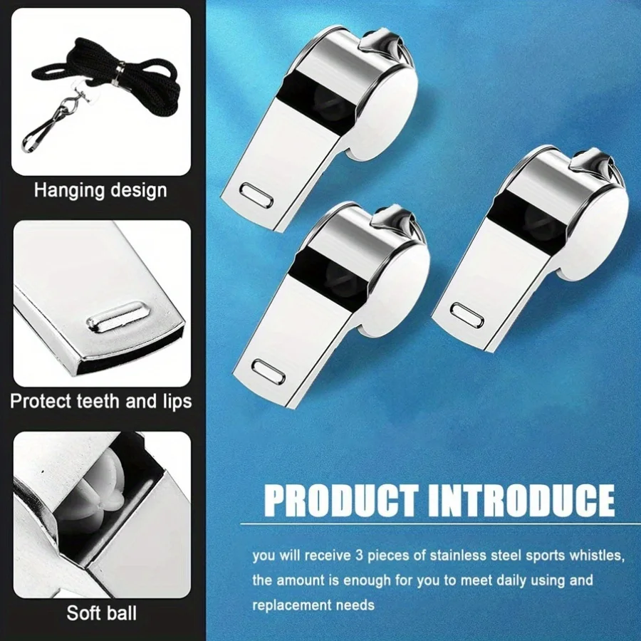 3pcs Stainless Steel Sports Whistle with Lanyard for Outdoor Adventure Sports Pet Training And Traffic Direction