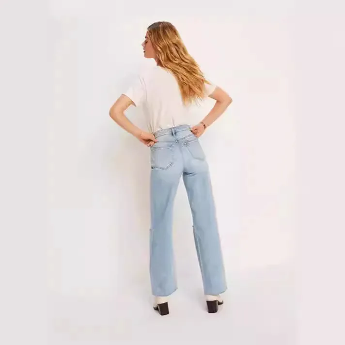 Jean déchiré délavé de neuf pouces, mode européenne et américaine, nouveau jean décontracté ample à jambes droites pour femmes au printemps et en été