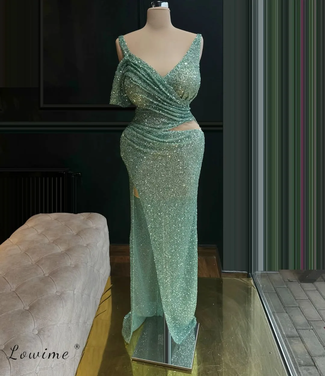 

Green Sequins Cutout Party Prom Dress Split Floor Length Formal Occasion Dresses