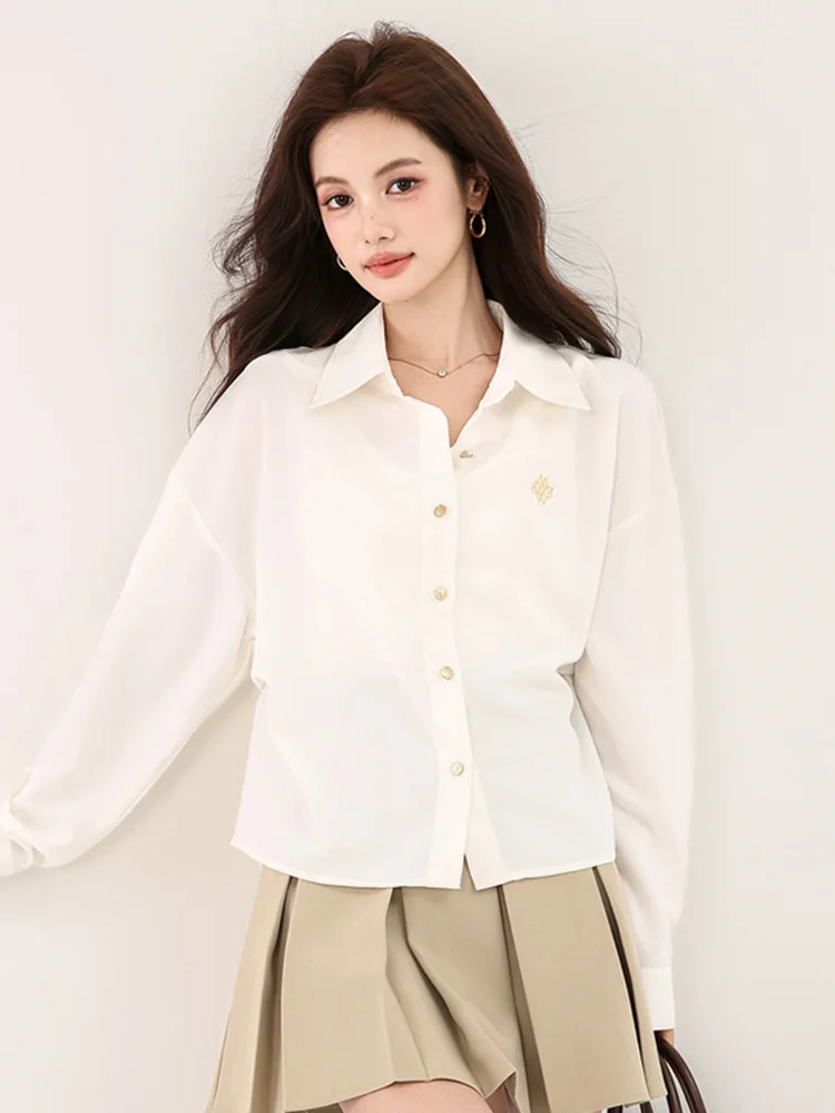 

Белая женская блузка с длинным рукавом, весенняя мода 2026, с эффектом утяжки талии, корейский стиль