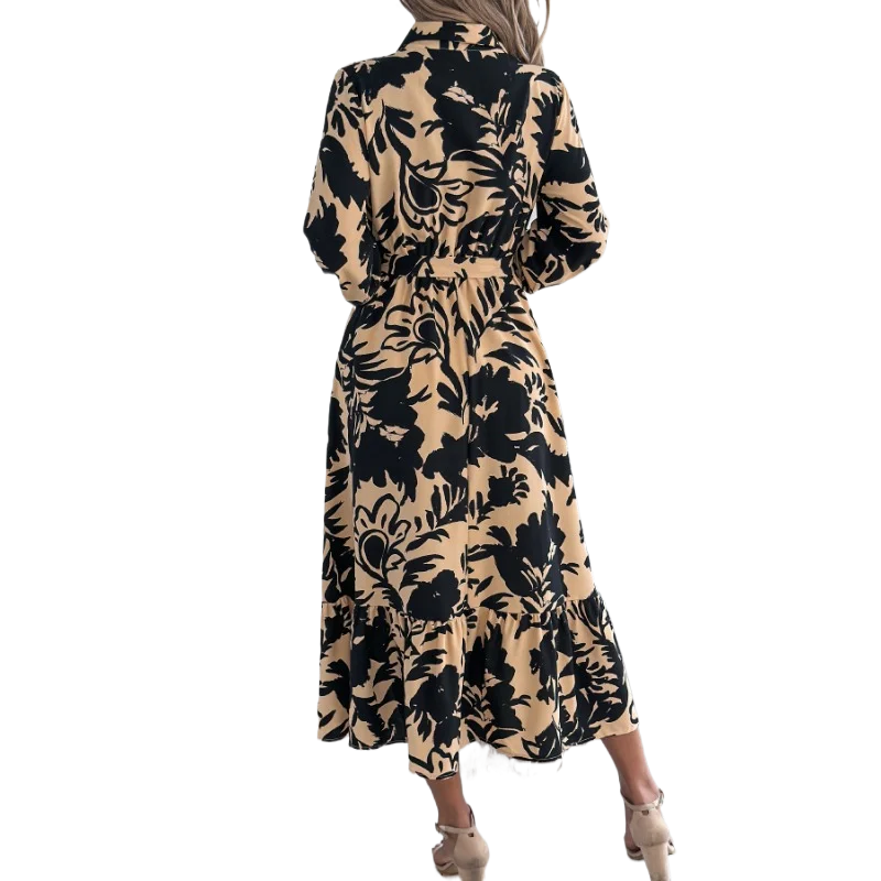 خريف جديد أزياء المرأة المطبوعة التلبيب الدانتيل متابعة قميص فساتين الربيع مكتب سيدة أنيقة زر ألف خط كم طويل فستان طويل