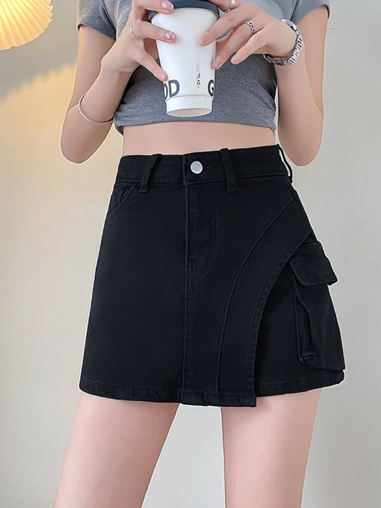 카우보이 하프 바디 스커트 팬츠 여성 패션 페이크 투피스 하이웨이스트 A라인 와이드 레그 여름 얇은 스트레치 반바지