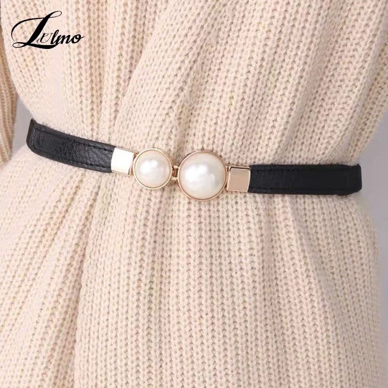 

Creative Pearl Buckle Belt PU Leather Dress Skirt Waist Elastic Thin Women Belts Ladies Waistband Clothing Matching Style Decor