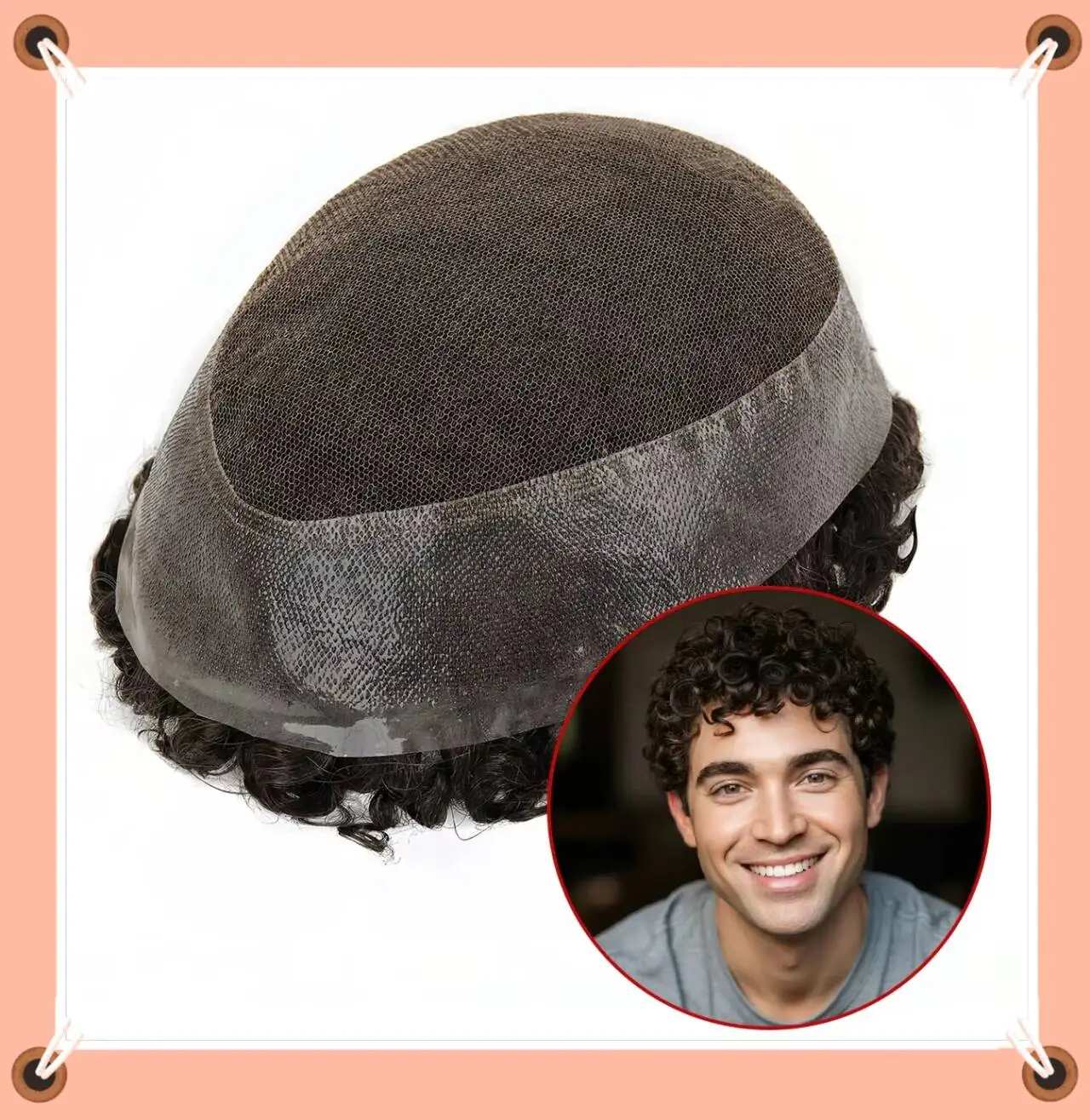 

Мужской парик TUL14 с кудрявыми волосами 15 мм, гибридная основа из кружева и кожи, дышащий и прочный, из индийских волос Реми.