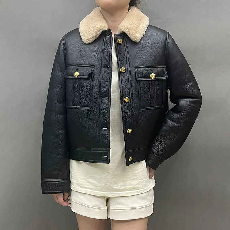 

2023 Women's Short Real Shearling Coat Genuine Lambskin Leather Coat Warm Real Wool Winter Double Face Jacket MH5897L