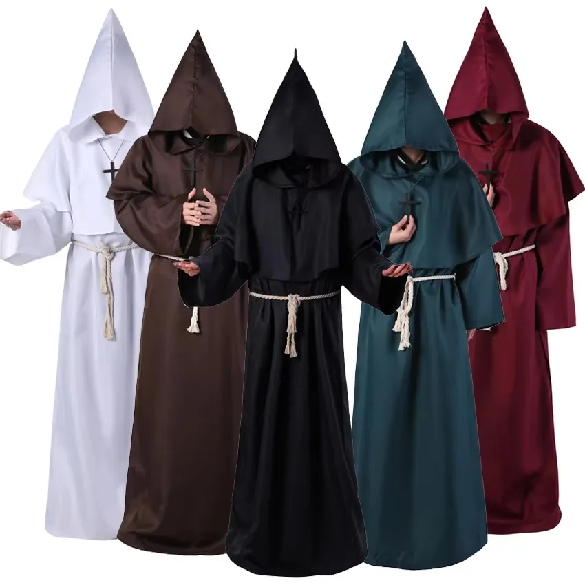 Monaco Friar Grim Reaper Robe medievale Plague Doctor Gothic Halloween Costume per donna uomo Christian Cross Steampunk Latex Mask