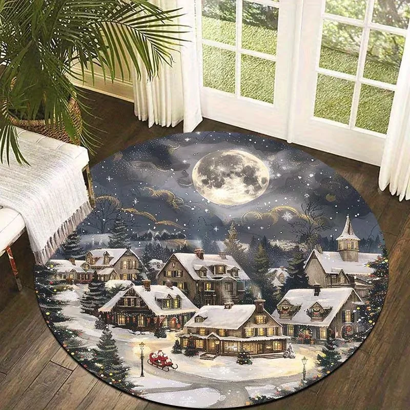 Round Vintage Christmas Snow Village Area Rug Snowman Sleigh Reindeer Holly Berry Winter Scene Decor Carpet For Living Room