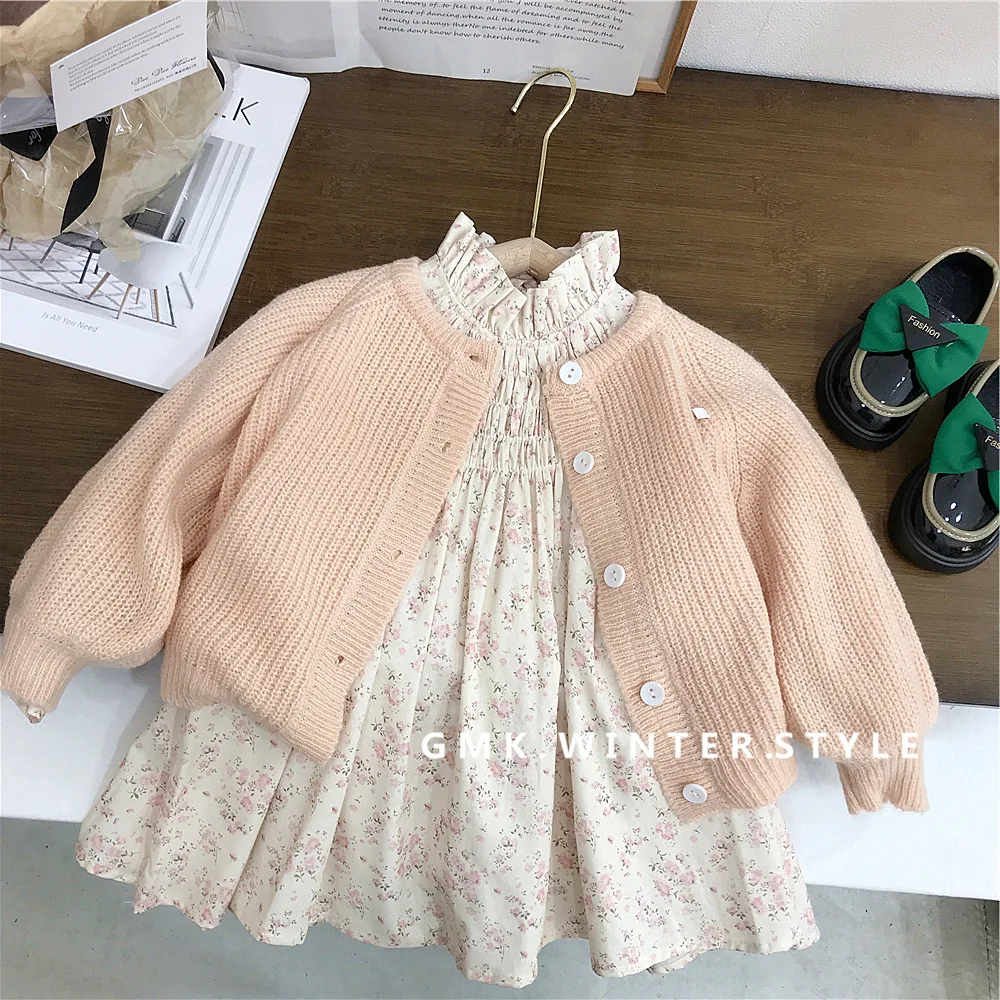 Korean Spring Autumn Children Girl 2PCS Clothes Set Solid Puff Sleeve Cardigan Sweater Turtleneck Printed Dress Baby Girl Outfit