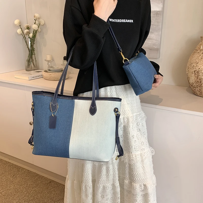 MOODS Patchwork Tote Bag Set For Women Big Capacity 2-In-1 Shoulder Shopper Bag Denim Fabric Contrast Color Handbag Female 2024