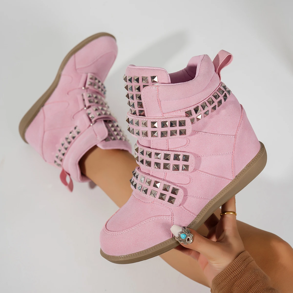 Women Shoes Black Cool Punk High Heels Booties Soft Causal Dress Party Shoes Studded Buckled Leather Wedges Ankle Boots Women