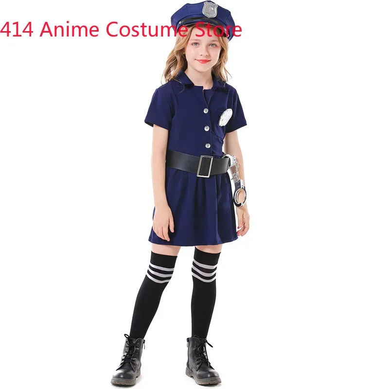 Costume de Cosplay de Police Bleu pour Enfant, Uniforme pour Fille, Déguisement d'Halloween