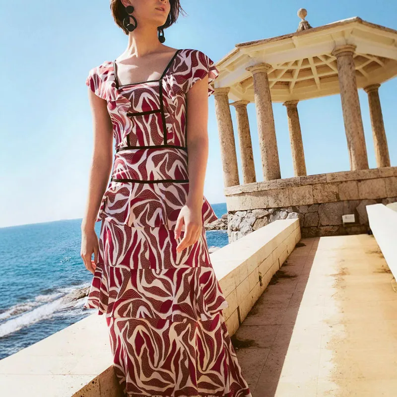 New Summer Square Neck Short Sleeve Beach Dress Woman Elegant Pattern Print Ruffles Long Dress Sexy A Line Backless Boho Dresses